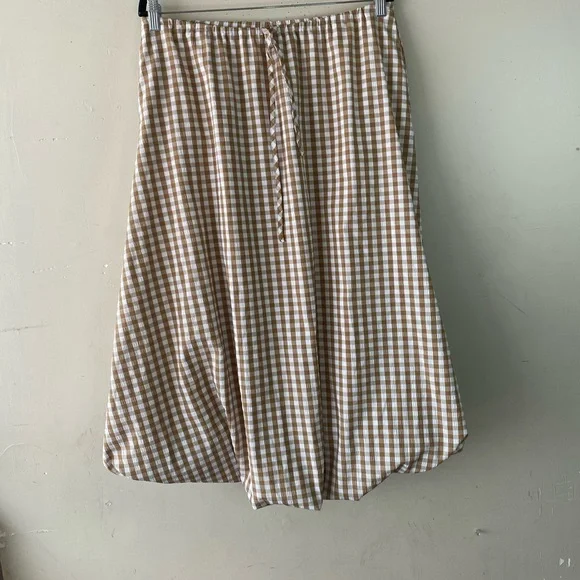 Emerson Lang Tan Gingham Bubble Midi Skirt Size M Tan White Plaid Lined - Picture 3 of 11